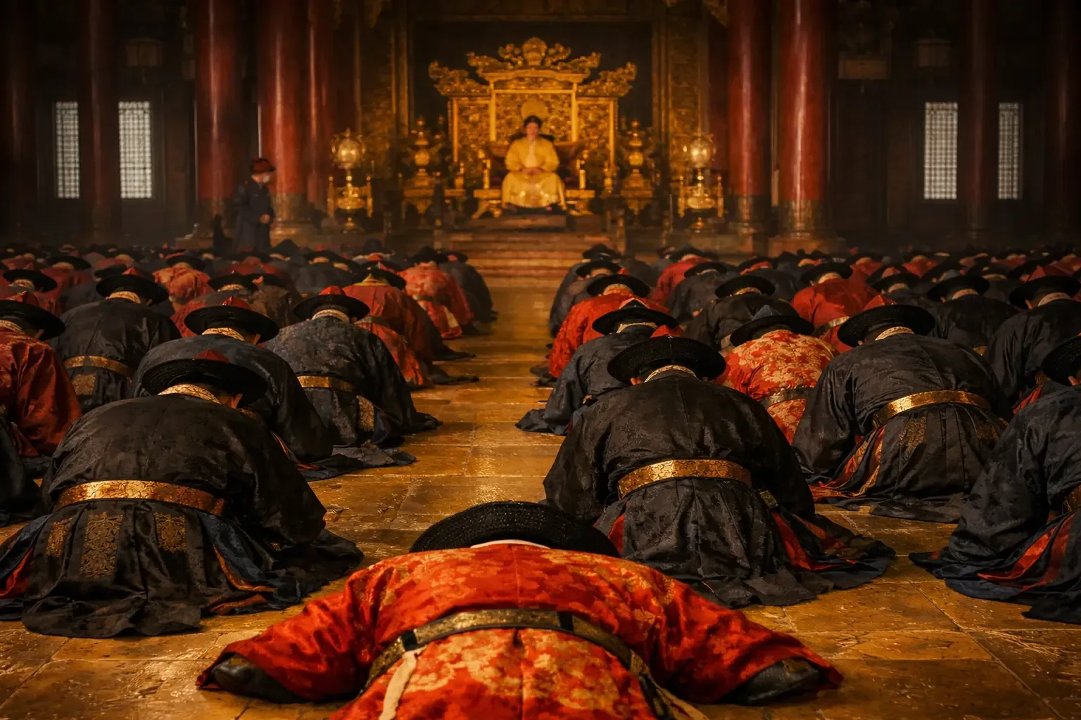 A cinematic opening scene showing Qing officials bowing before the emperor, setting up the historical tension of the story.