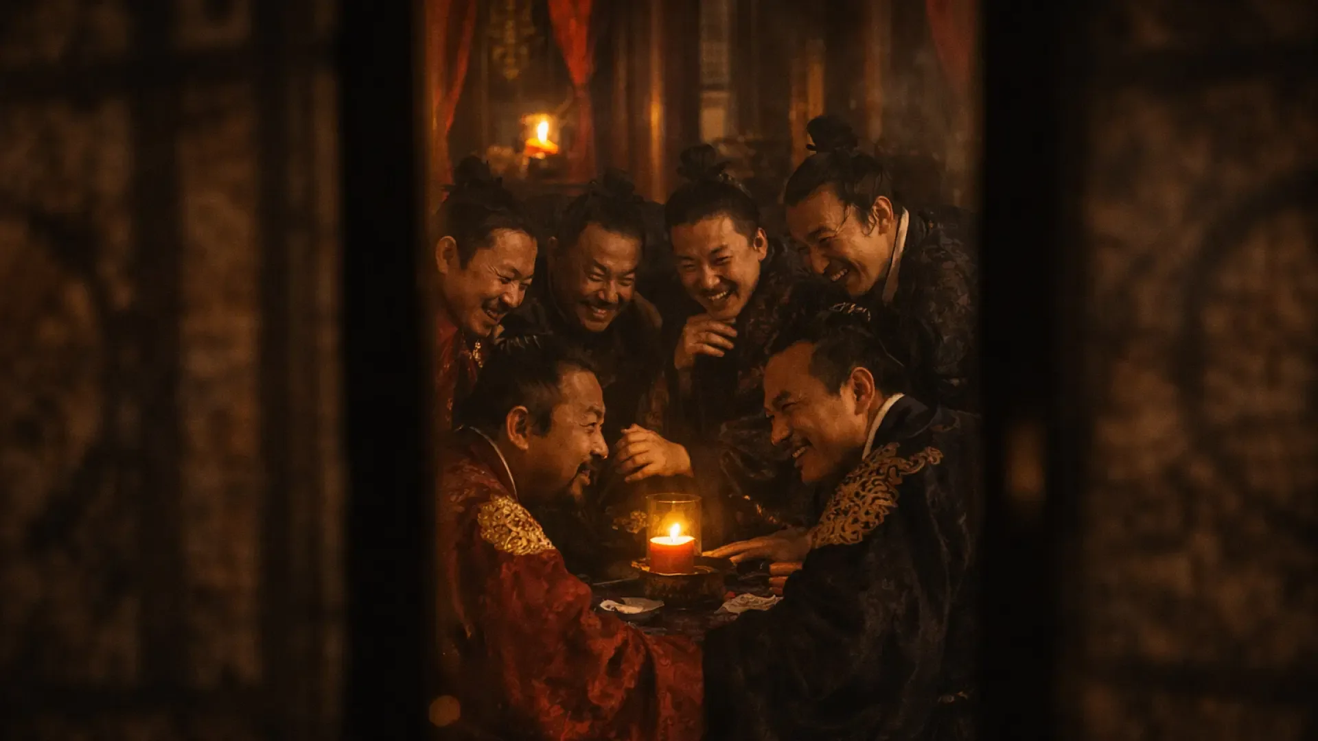 A hidden conspiracy scene seen through a narrow view, where officials secretly gather and laugh inside the palace.