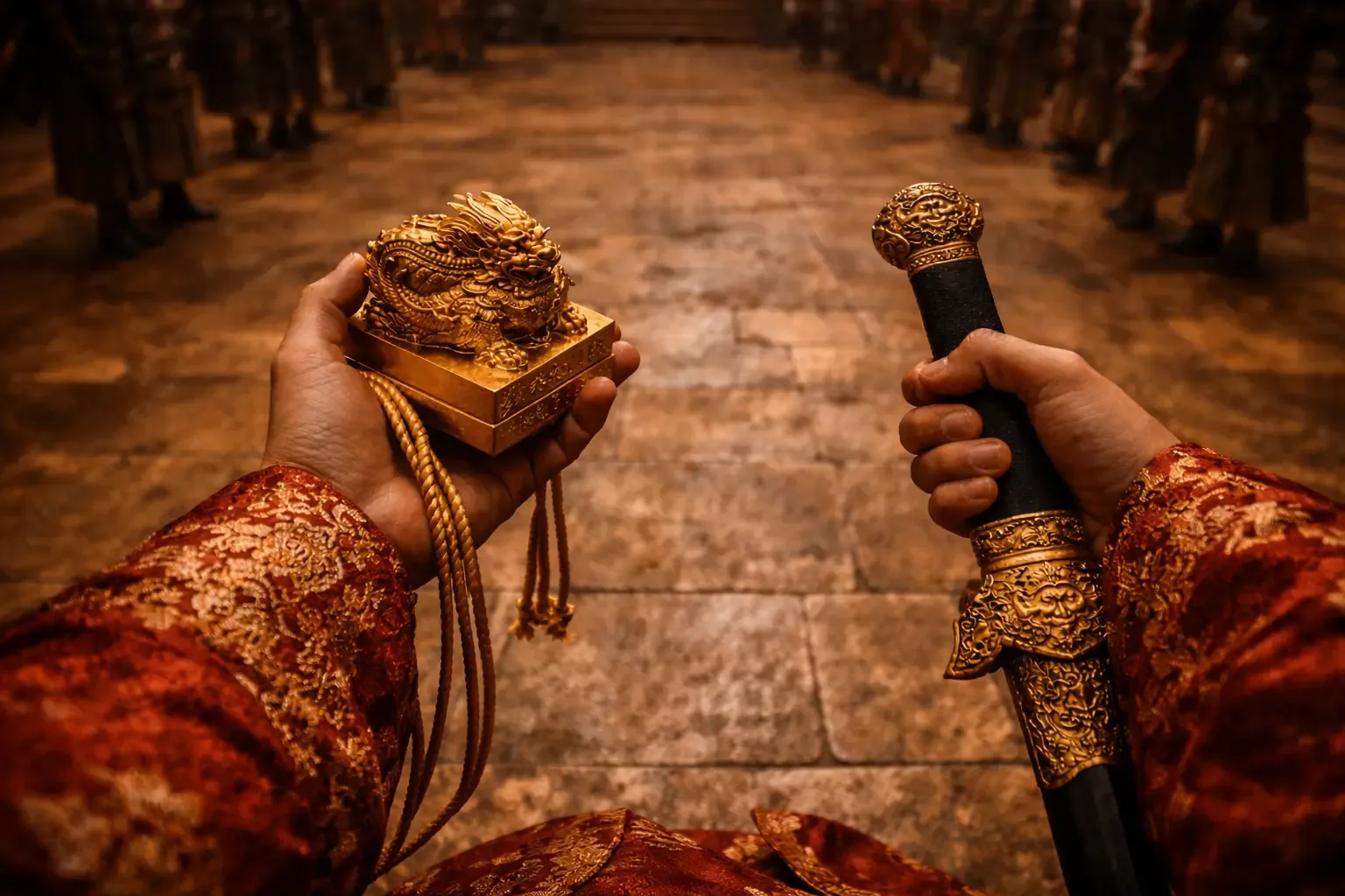 A first-person scene where the player holds the imperial seal and sword, marking the start of the mission.