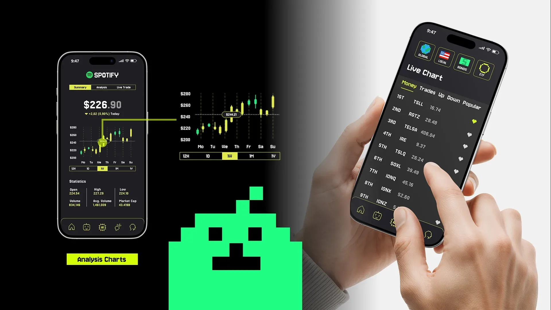 This image highlights Clink’s AI investment guidance in a pixel-game UI. The left phone shows a chat-based entry with suggested questions, while the right phone presents an “Invest with AI” result view with timeframe tabs, a pixel progress indicator, and a clear portfolio recommendation (e.g., 80% S&P 500 / 20% bonds), supported by balance info and bottom navigation.