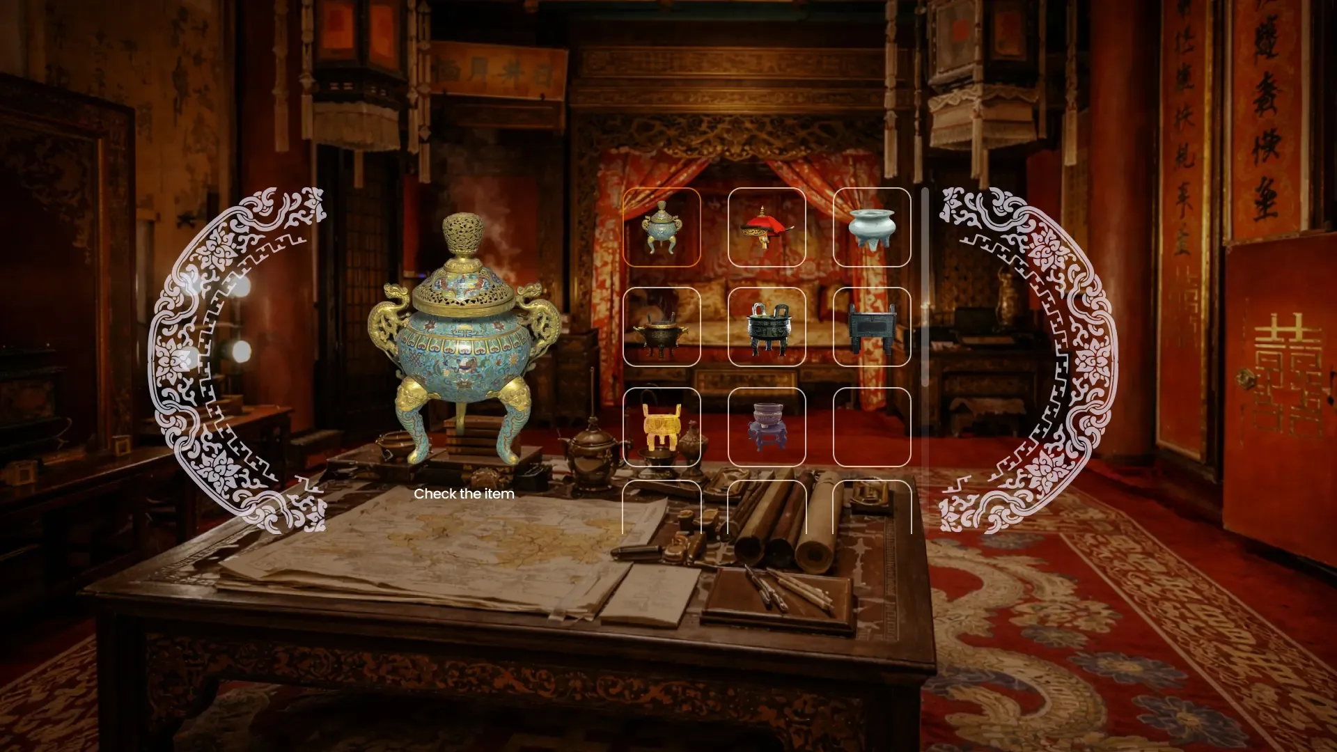 A collectible item interface where the player checks cultural objects found during the treasure-hunt experience.