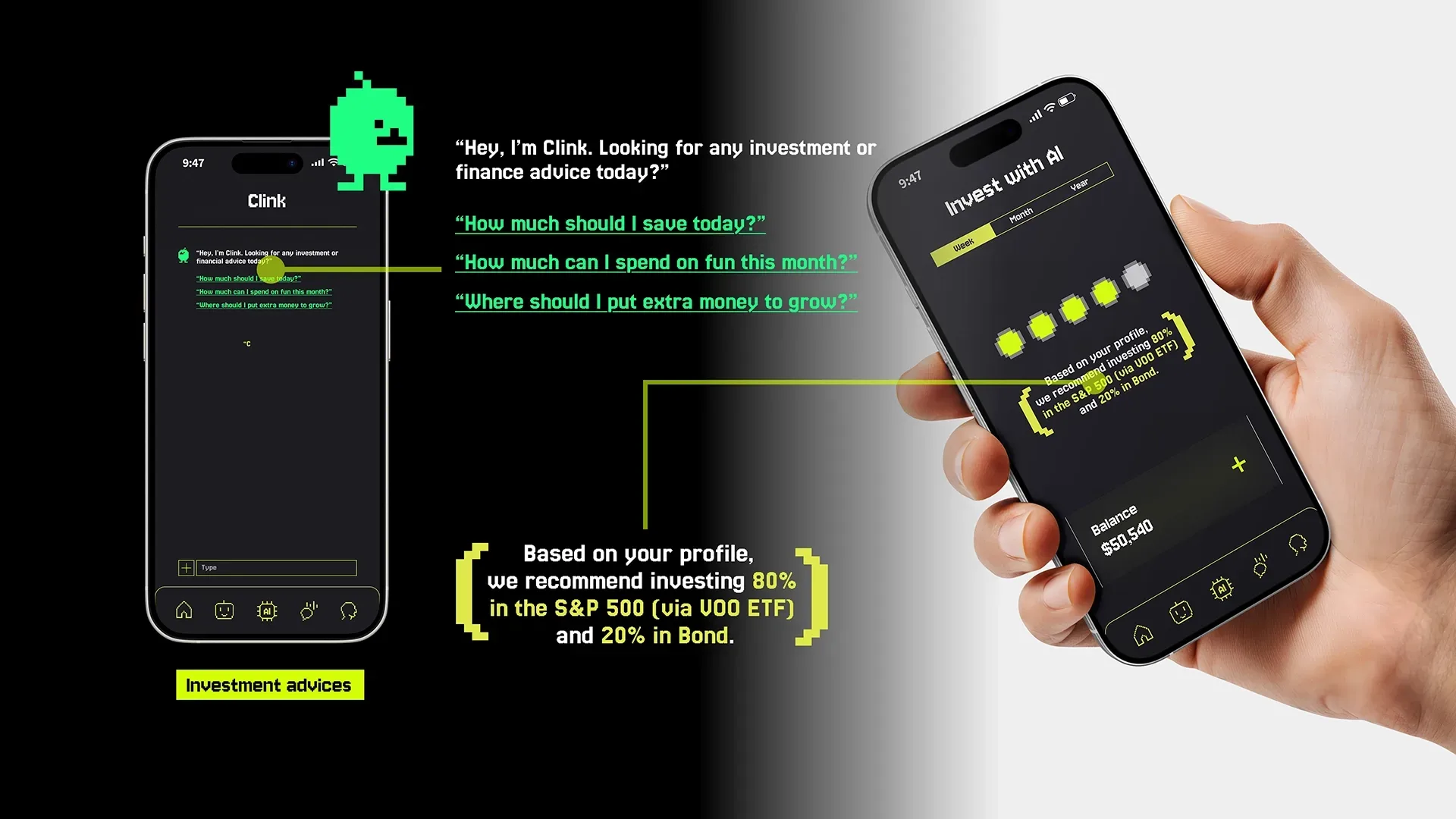 This image compares Clink’s chat-driven advice across two flows: the left screen (“Investment advice”) offers guided prompt suggestions, and the right screen (“Saving advices”) shows a structured, actionable response (e.g., percentage-based budgeting with a weekly breakdown). The dark UI, pixel icons, and neon outlines keep the style consistent and the hierarchy clear.