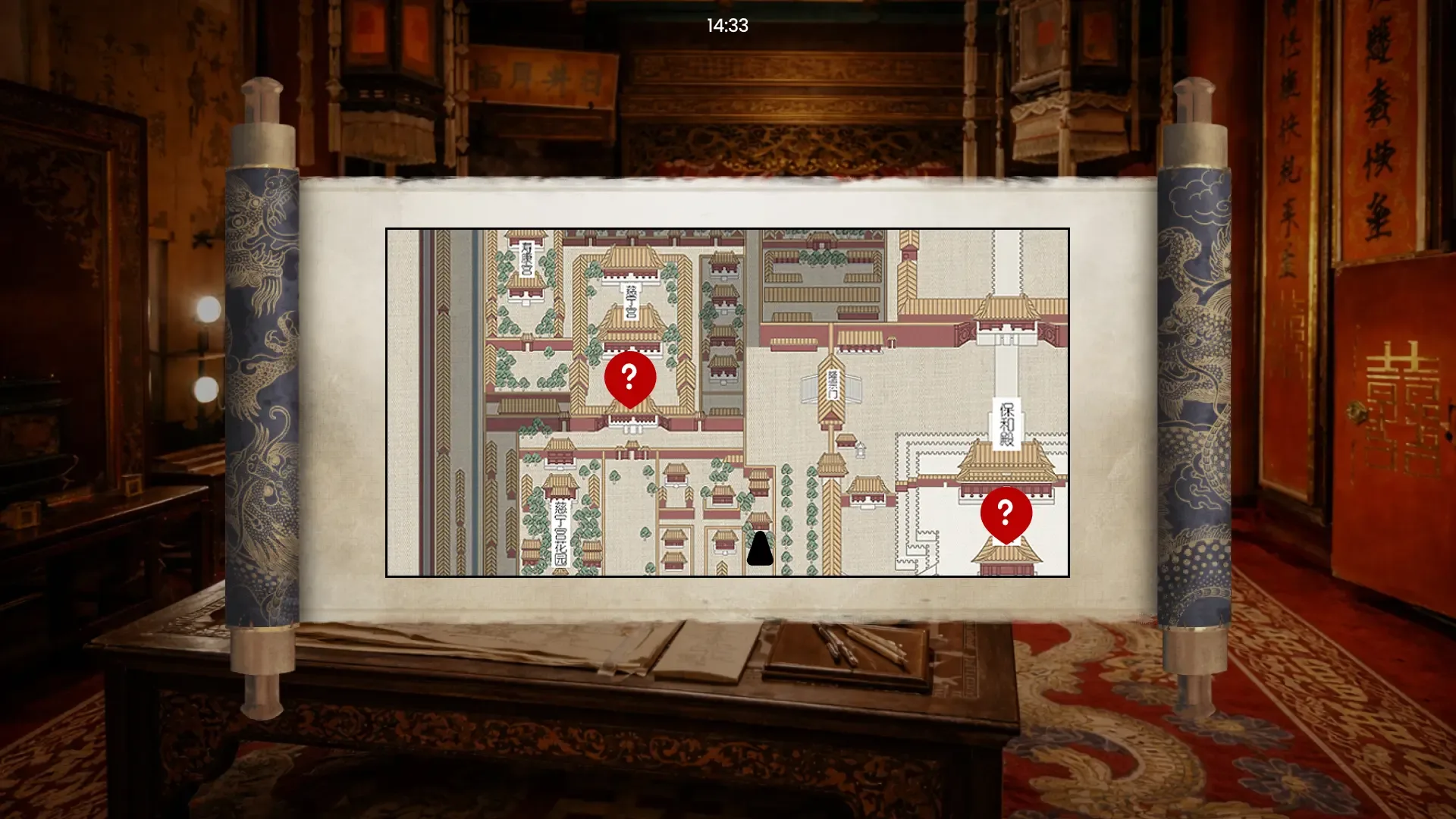 A scroll-style map interface showing unlocked clue locations and the player’s next possible destinations.