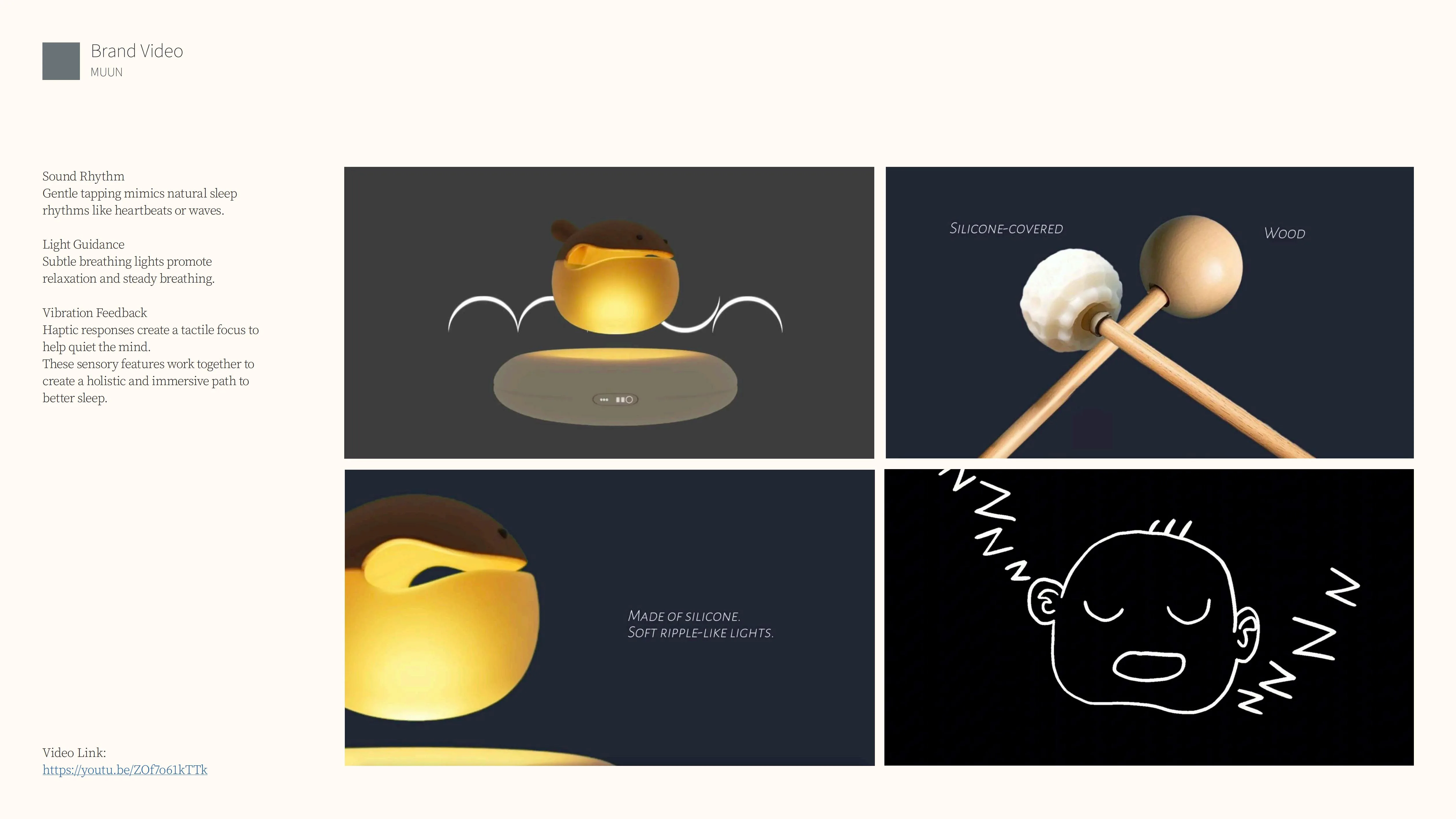 Title: Brand Video.Left text describes the sensory features: sound rhythm, light guidance, and vibration feedback.Four images:The glowing wooden fish device with motion lines indicating vibration.Two mallets, one wooden and one silicone-covered.A close-up of the glowing device.An illustration of a sleeping baby with 'Z' symbols.