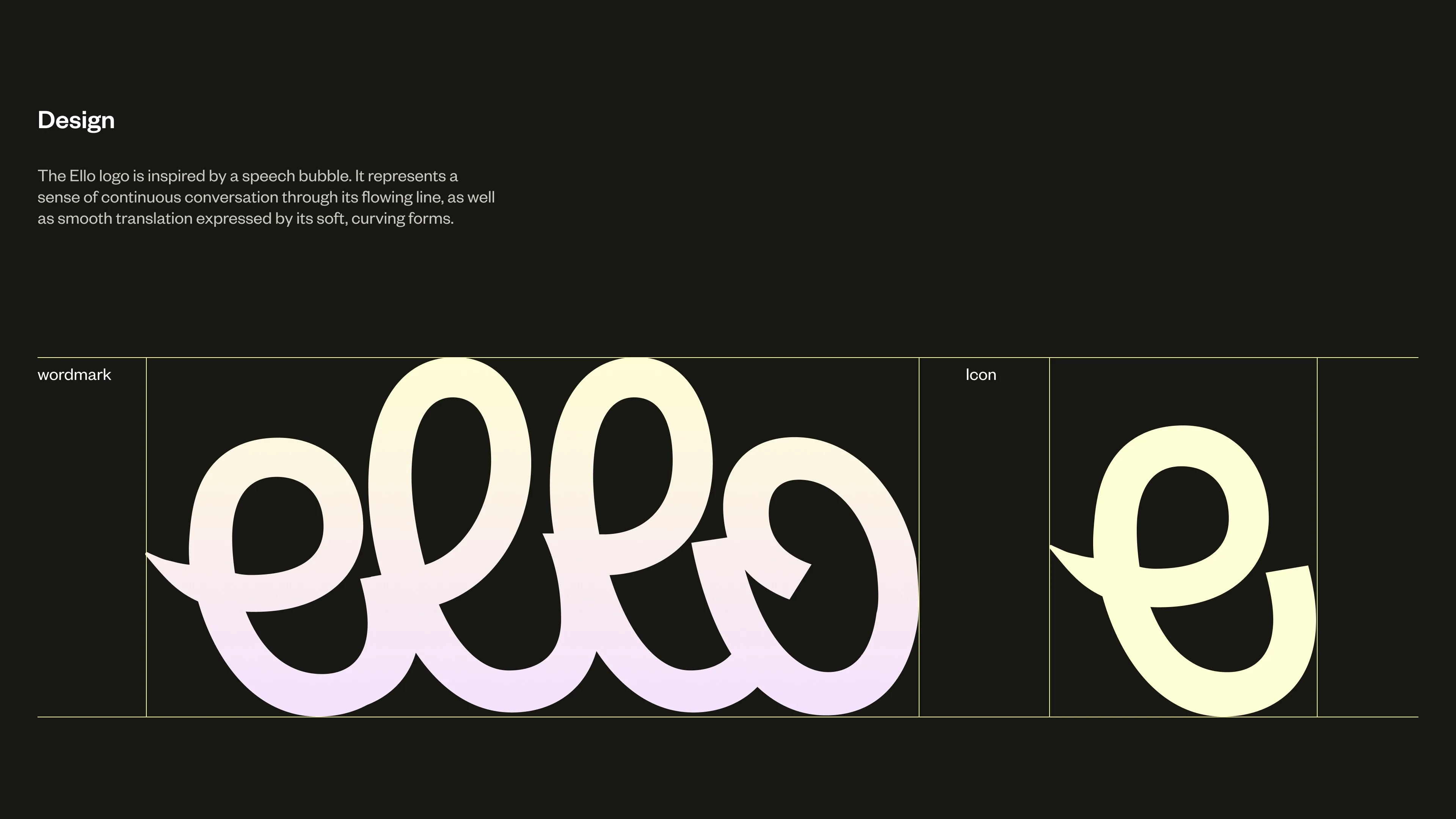 Ello logo design system featuring a flowing, speech-bubble-inspired wordmark and a simplified “e” icon. The continuous line form represents natural conversation and seamless translation.