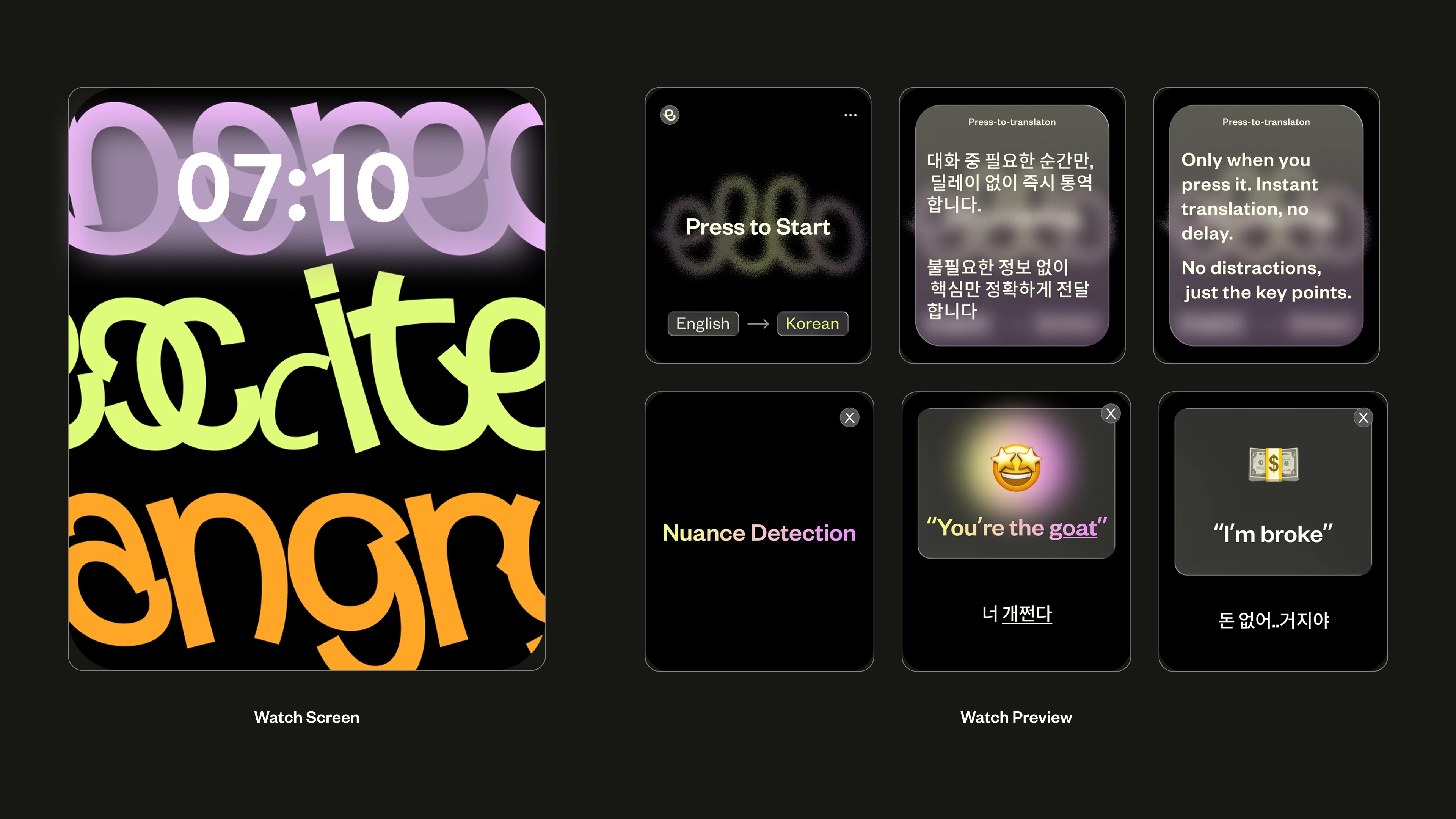 Apple Watch interface showcasing Ello’s real-time translation experience. The screen displays emotional keywords like “happy,” “excited,” and “angry” in bold, colorful typography, emphasizing expressive communication.