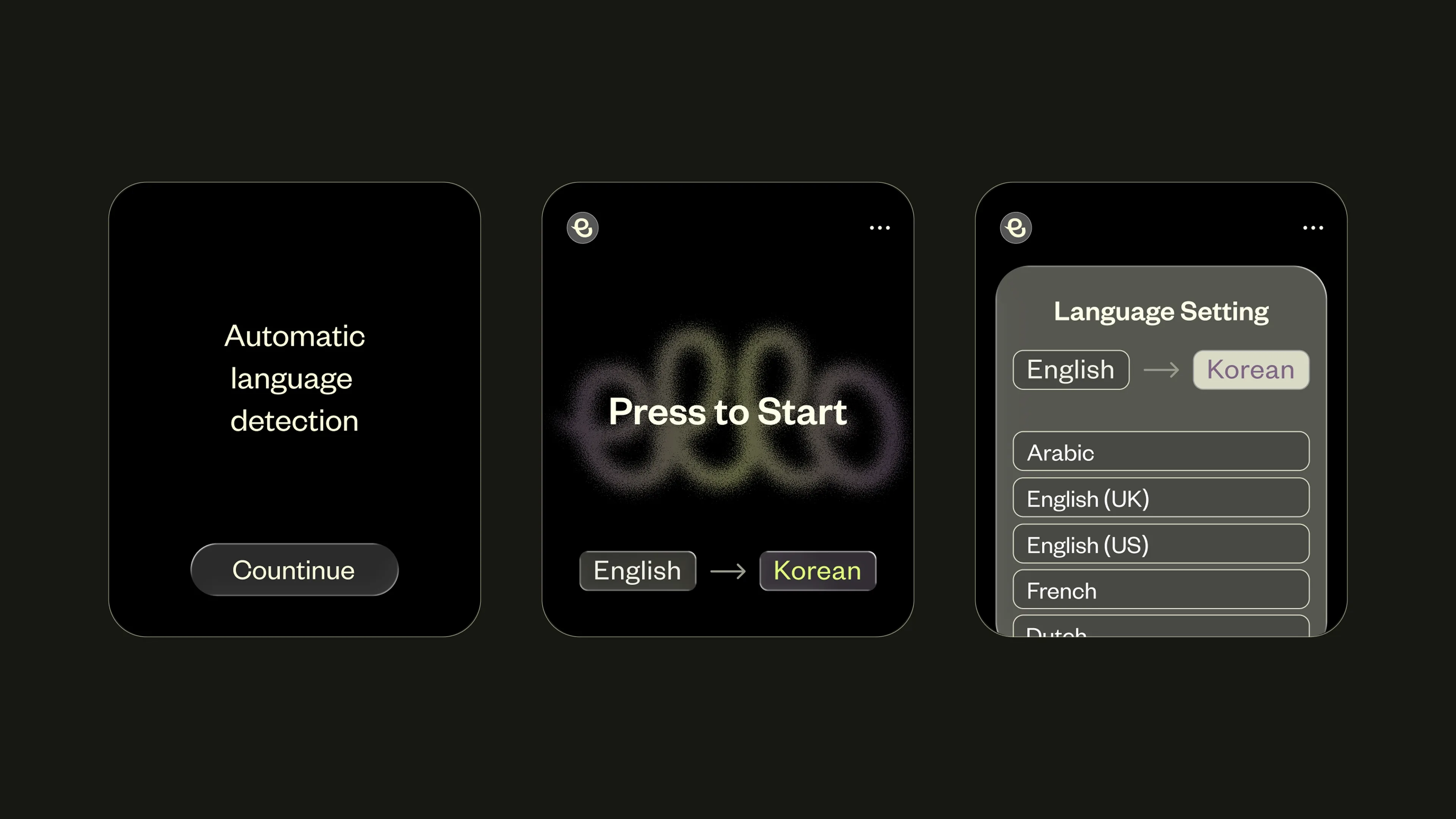 Ello’s core watch interaction flow. Users press to start translation, select languages, and receive instant results. The interface highlights key features like “Press-to-translate” and minimal, distraction-free communication.