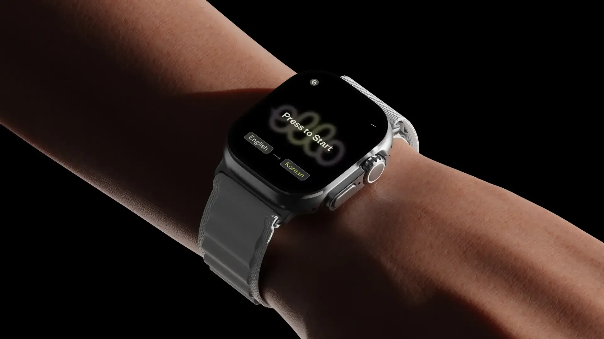 Apple Watch in real-world use. The wearable interface displays Ello’s translation feature in action, highlighting accessibility and seamless integration into everyday life.