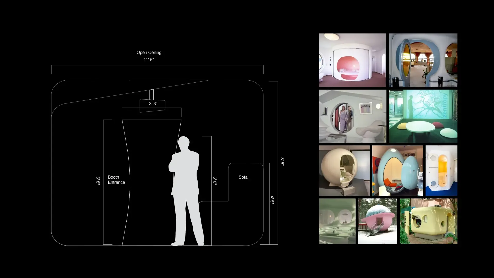The sketch shows the dimensions of the MŪTUS booth, accompanied by a mood board that captures the intended atmosphere and design direction.