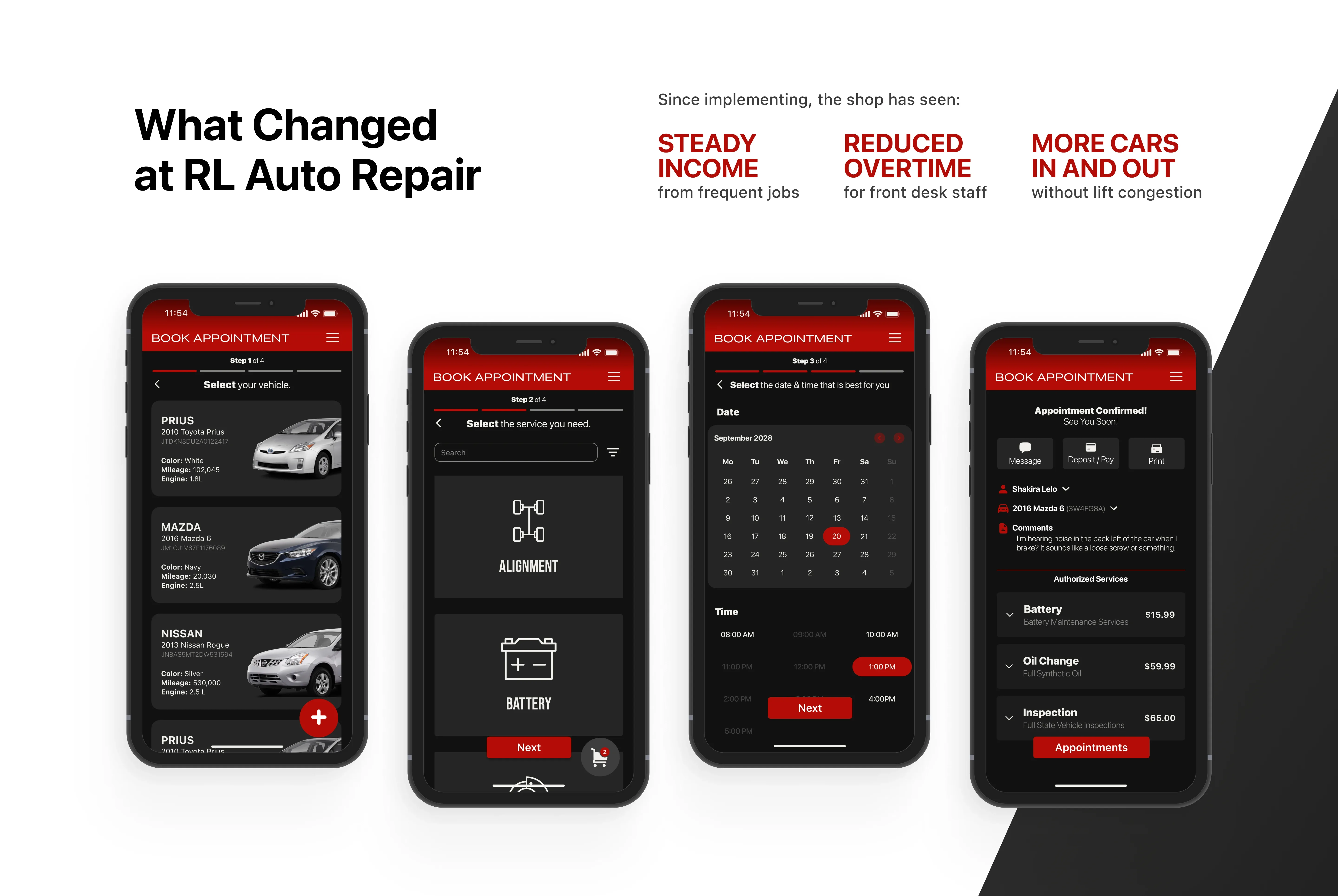 This image explains how the RL Auto Repair system improves shop workflow. On the left, there are four key benefits listed with short descriptions:<ul><li>Faster Job Turnover: Prioritizes small services like oil changes and brakes to keep vehicle lifts free.<br /> </li><li>Less Waiting Between Jobs: Mechanics always have the next task lined up.<br /> </li><li>After-Hours Key Locker: Staff no longer stay late for customer pickups.<br /> </li><li>Smarter Flow: The shop runs in a steady rhythm instead of reacting to unpredictable situations.</li></ul>On the right, a mobile screen shows the first step in the appointment booking process, where a user selects from a list of cars with details like make, model, mileage, and engine type.