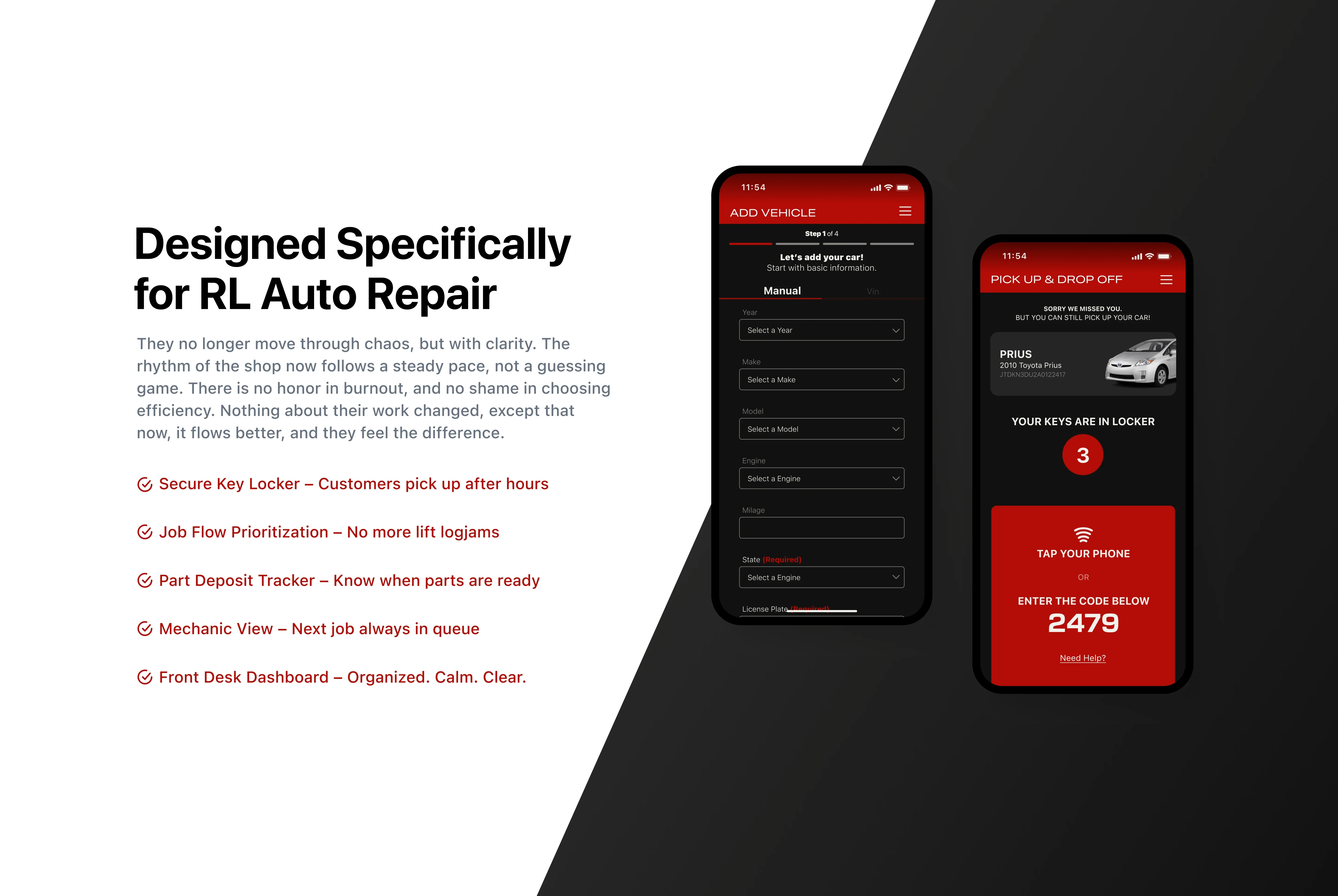 This image shows four mobile screens demonstrating the steps in the appointment process:<ol><li>Select a vehicle.<br /> </li><li>Choose a service.<br /> </li><li>Pick a date and time.<br /> </li><li>Confirm the appointment.</li></ol>To the side, it highlights three positive outcomes since implementing the system:<ul><li><strong>Steady income</strong> from frequent jobs.<br /> </li><li><strong>Reduced overtime</strong> for front desk staff.<br /> </li><li><strong>More cars moving in and out</strong> of the shop, avoiding congestion.</li></ul>