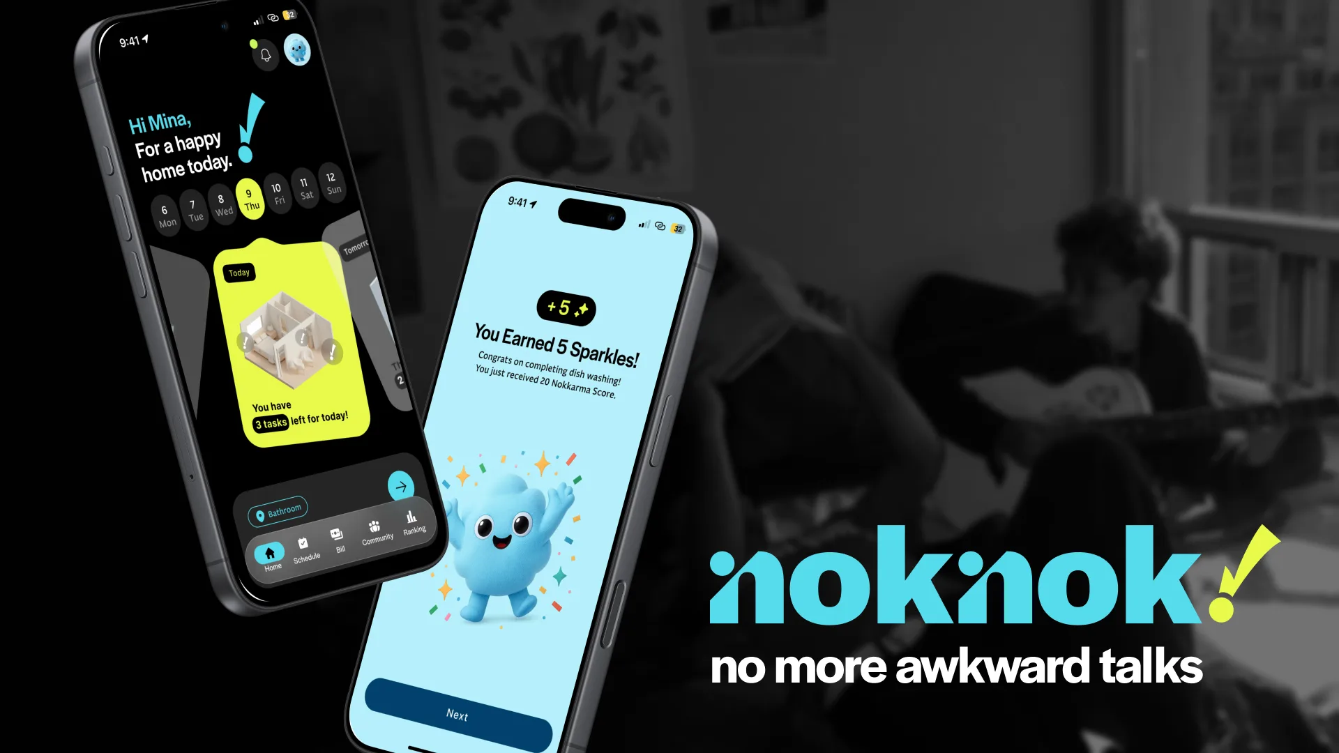 Two smartphones appear against a dark background of roommates chatting. One displays the Noknok app home screen with a calendar and task card, while the other shows a reward screen featuring a blue character and points earned, alongside the “noknok, no more awkward talks” logo and text.
