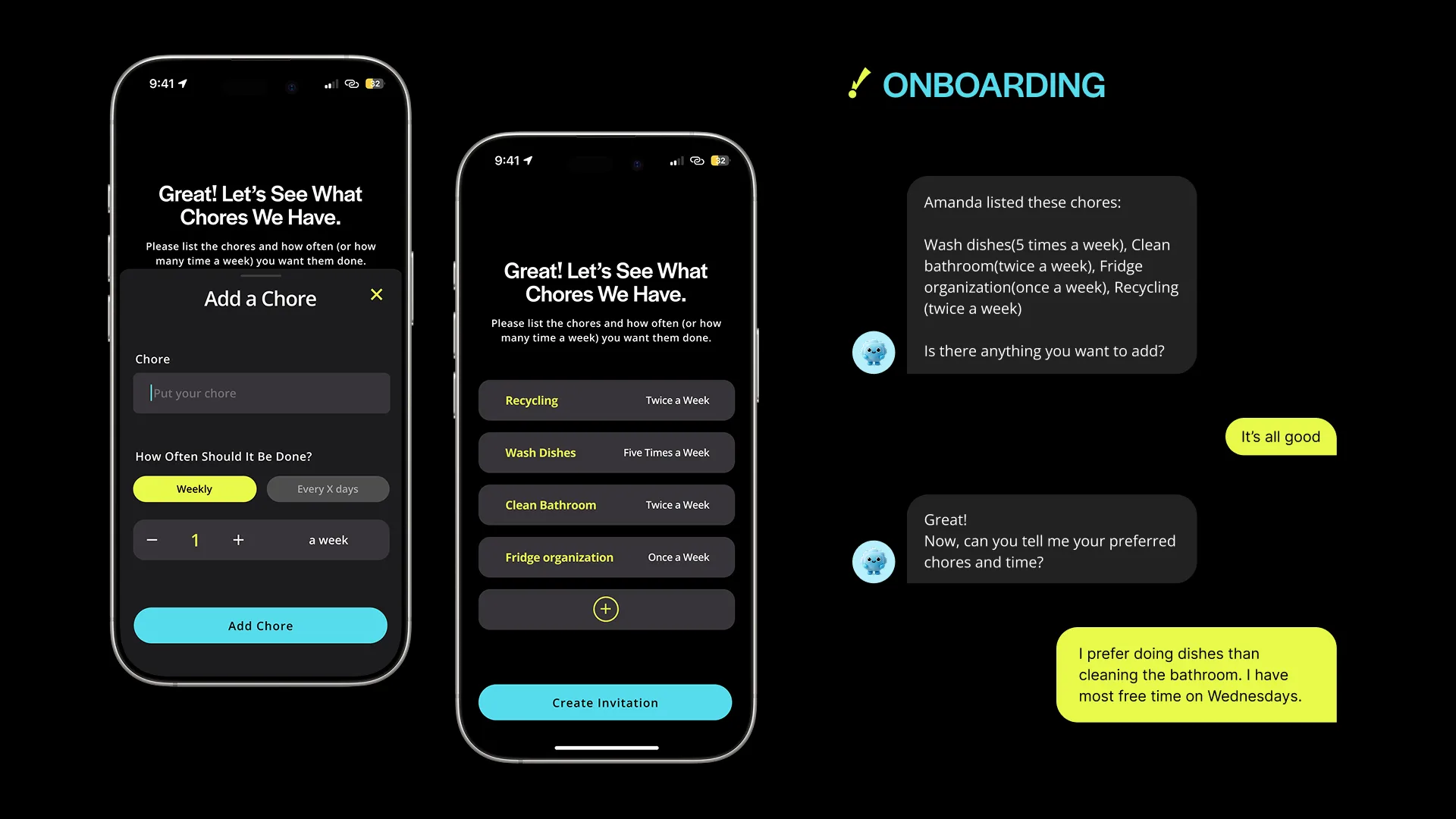 An image shows a user entering preferred task frequencies during onboarding and reviewing task lists, preferences, and schedules together with Dusty.