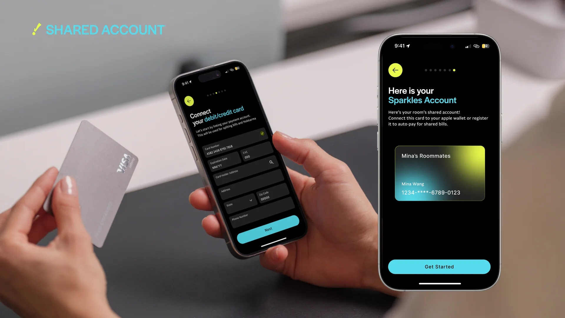 A user inputs debit or credit card information into the Noknok app in the background, while a phone on the right displays a created Sparkles Account card.