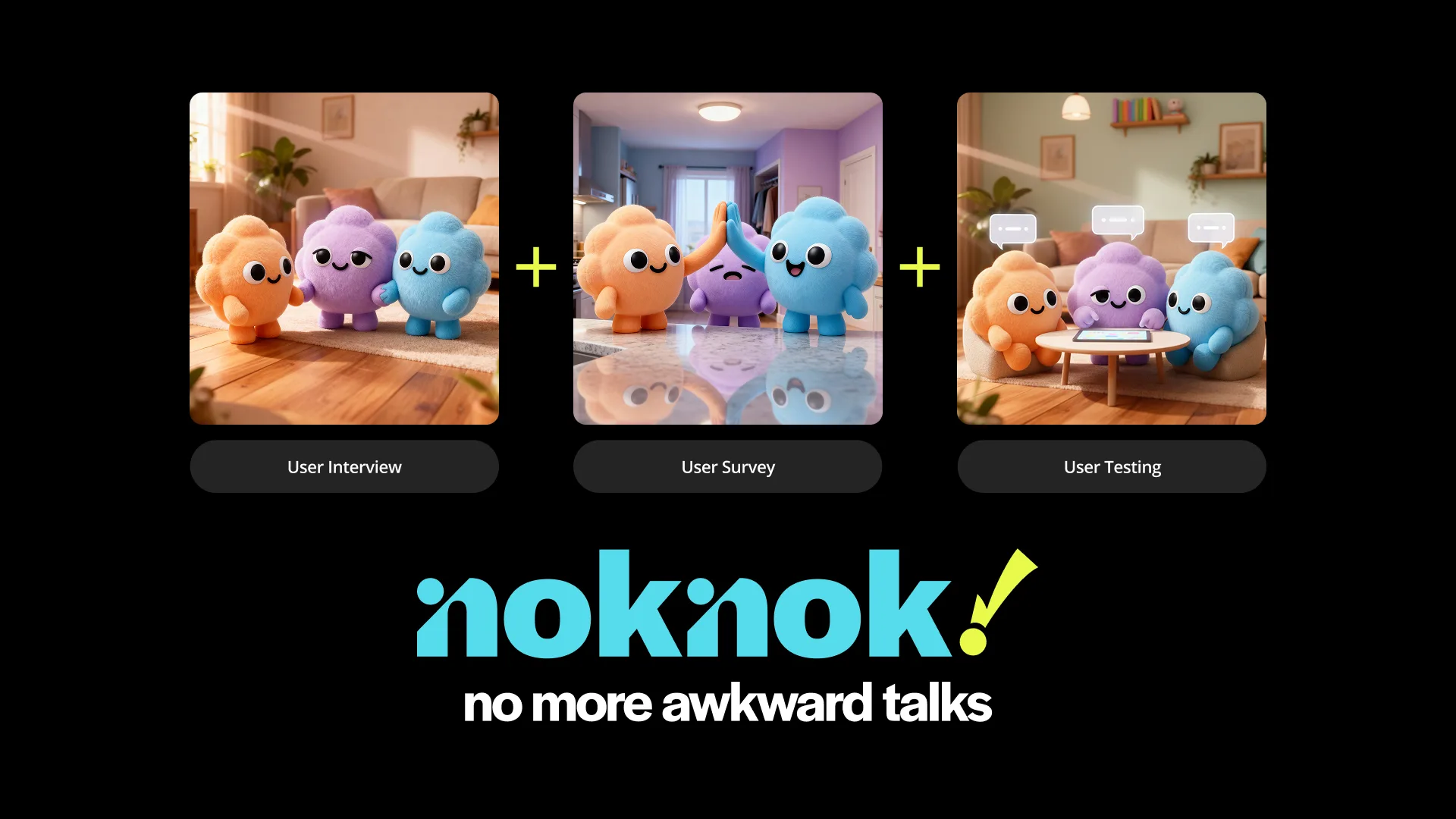 A three-image panel shows the mascot character, Dusty, participating in user interviews, user surveys, and user testing, accompanied by the “noknok, no more awkward talks” logo and text.