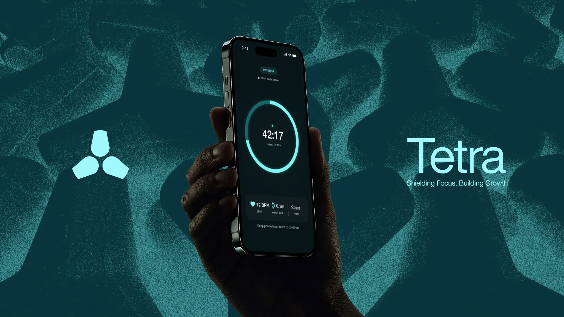 The Tetra logo and the Facedown Timer screen sit against a backdrop of tetrapod forms — the same structure the brand is built on. Scattered attention, brought into one focused point.