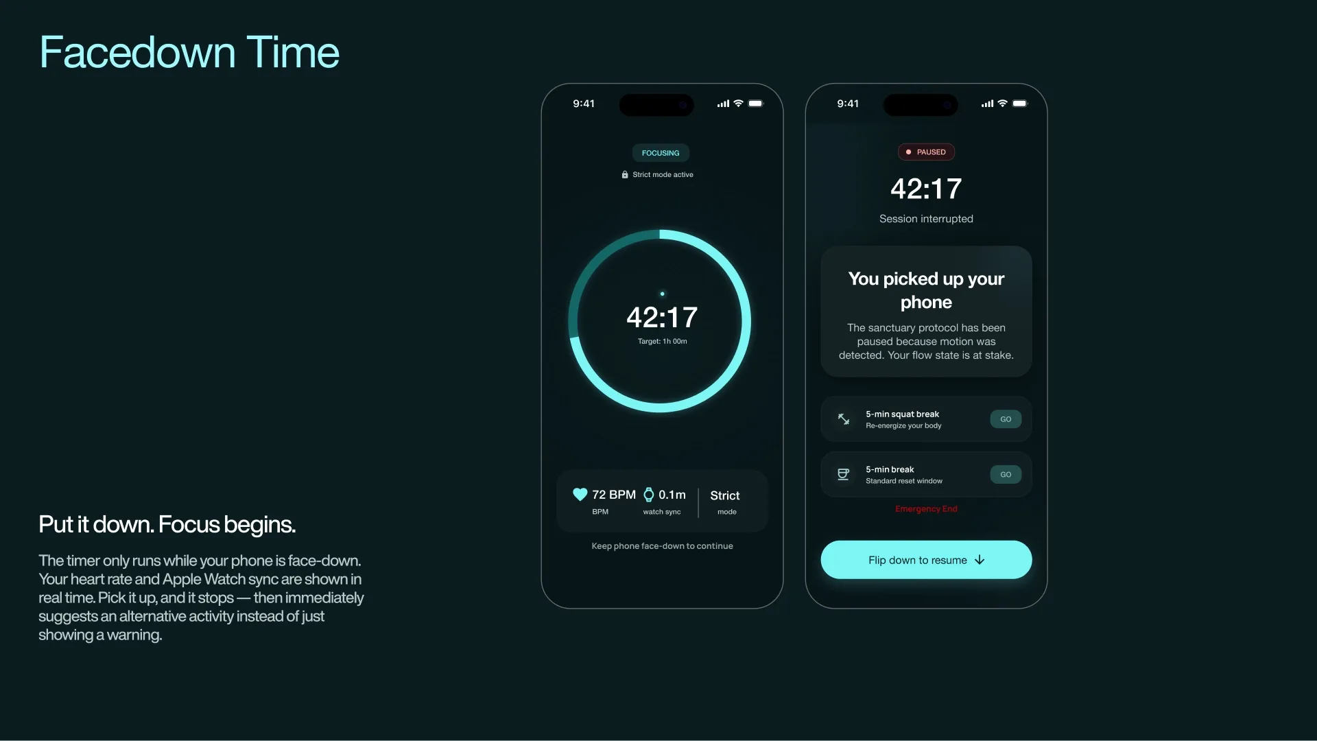 Facedown Time The moment you place your phone face-down, the timer starts. Pick it up, and it stops — then immediately suggests an alternative activity instead of just showing a warning.