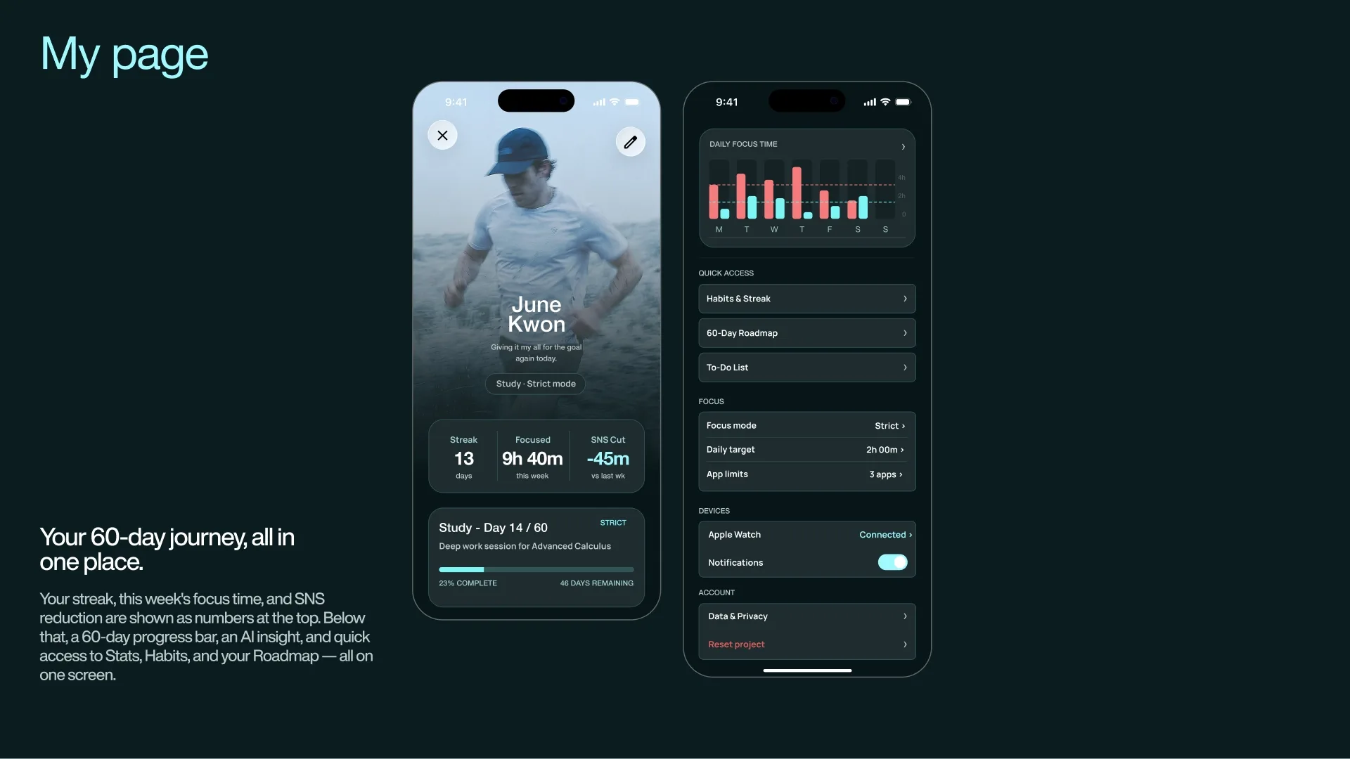 My Page Your streak, this week's focus time, and SNS reduction — all in one place. Your 60-day project progress and settings are visible at a glance.
