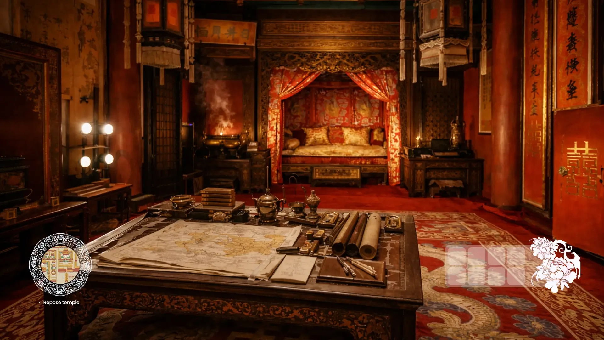 A game interface scene set inside a richly decorated Qing Dynasty bedroom, showing a table covered with maps, scrolls, and objects for exploration.