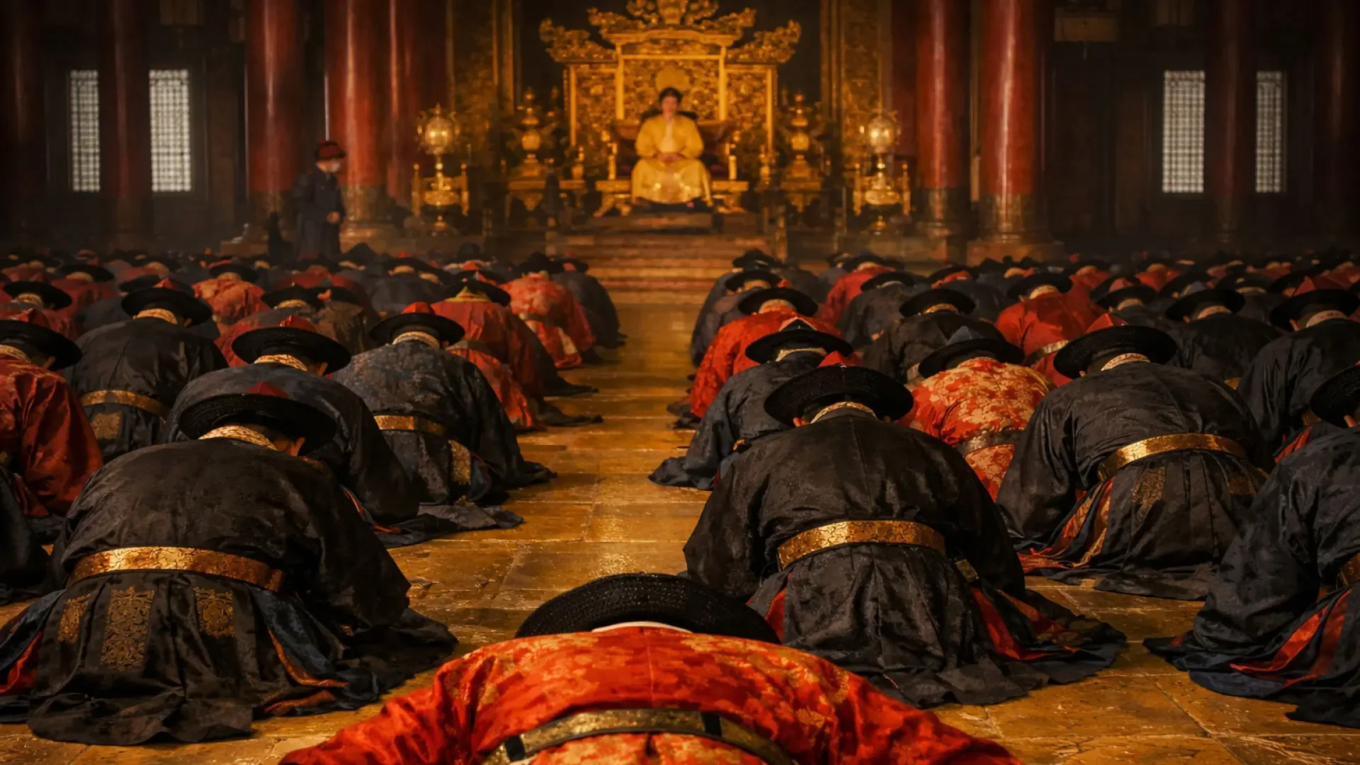 A cinematic scene of Qing Dynasty officials bowing in the imperial hall, creating a tense and historical atmosphere.